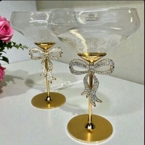 2pc Set Gold Metal Rhinestone Coquette Bow Coupe Cocktail Martini Glasses NEW